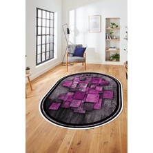 Evdeya Çerçeveli Desenli Dijital Kaymaz Yıkanabilir Oval Yolluk Mutfak Salon Halısı O-Modern-13-Mor