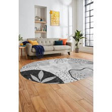 Evdeya Yaprak Desen Modern Tasarım Dijital Kaymaz Yıkanabilir Oval Yolluk Salon Halısı O-Modern-79-Gri