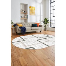 Evdeya Sade Desen Modern Tasarım Dijital Kaymaz Yıkanabilir Oval Yolluk Salon Halısı O-Modern-80-Krem
