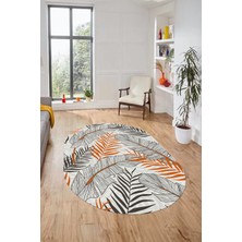 Evdeya Yapraklı Baskılı Kaymaz Taban Yıkanabilir Modern Oval Yolluk Salon Halısı O-Modern-98-Turuncu