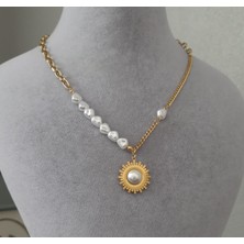 Betül Çekiç Çelik Gold Renk Inci Detay Kadın Kolye