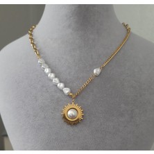 Betül Çekiç Çelik Gold Renk Inci Detay Kadın Kolye