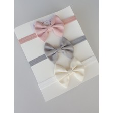 Swan Butik Kız Çocuk Bebek Bandana Toka Seti 3'lü  Pudra Gri Krem Fiyonk Bandana