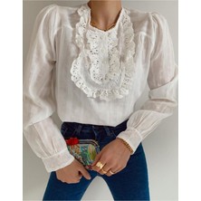 Melek Kostak Kadın Beyaz Dokuma Yaka Volanlı Kol Fisto Düğme Detay Balon Kol Pamuklu Vintage Keten Bluz