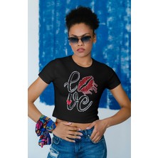 Fuddy Moda Love Yazılı Beyaz Crop Top,  Kadın Kalp Baskılı Crop Bluz