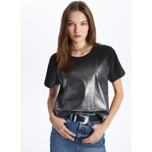 Dexia New York - Bisiklet Yaka Varak Baskılı Crop T-Shirt - Siyah Renk