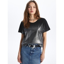 Dexia New York - Bisiklet Yaka Varak Baskılı Crop T-Shirt - Siyah Renk