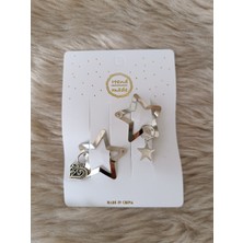 Efna Store Sallantılı Yıldız ve Kalp Figürlü Yıldız Model Gümüş Renk Çiftli Çıt Çıt Toka