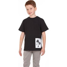 Wewe Bisiklet Yaka Kısa Kol Palmiye Baskılı Siyah Renk Erkek Çocuk Tshirt
