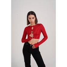 Holly Lolly Kadın Kırmızı Crop Parmak Geçirmeli Uzun Kol Frank Bluz
