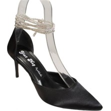 Yaz Kış Ayakkabı Yazkış Kadın Siyah Krem Saten Önü Sivri Yanları Açık Bilekten Taş Dolamalı 7cm Ince Topuk Ayakkabı