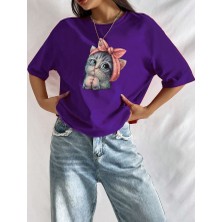 Medinenur Sevimli Minik Kedi Baskılı Kadın Tişört