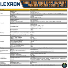 Lexron Akıllı Tam Sınus MPPT Yüksek Voltaj 6200 Watt 48 Volt İnverter - 6.2kw 48v - Paralellenebilir