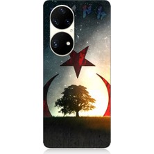 Teknomeg Huawei P50 Pro Uyumlu Göktürkçe Türk ve Ağaç Bayrak Desenli Silikon Kılıf
