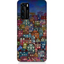 Teknomeg Huawei P40 Uyumlu Minyatür Evler ve Gece Desenli Silikon Kılıf
