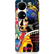 Teknomeg Huawei P50 Pro Uyumlu Inci Küpeli Kız Popart Desenli Silikon Kılıf
