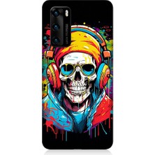 Teknomeg Huawei P40 Uyumlu Müzik Dinleyen Kurukafa Desenli Silikon Kılıf