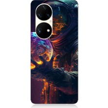 Teknomeg Huawei P50 Pro Uyumlu Astranot ve Gezegen Desenli Silikon Kılıf
