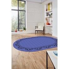 Evdeya Klasik Hasır Desen Dijital Kaymaz Yıkanabilir Oval Yolluk Koridor Salon Halısı, O-18-Mavi,