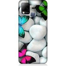 Teknomeg Infinix Hot 10T Uyumlu Mavi Yeşil Pembe Kelebekler ve Beyaz Taşlar Desenli Silikon Kılıf