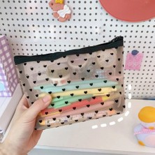 Qiuming Shop Yamuk Tarzı Moda Örgü Kozmetik Makyaj Çantaları Kılıf Tutucu Kılıfı Taşımak Için Uygun Şeffaf Fermuar Siyah Kalp Baskılı Kalem Kalem Kutusu (Yurt Dışından)
