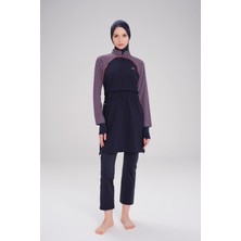 Esila Lacivert Kırmızı Kolu Desenli Jileli Tam Tesettür Mayo Üstü