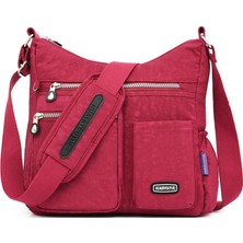 Qiuming Shop Üzüm Moru Tarzı Moda Kadın Naylon Omuz Çantaları Çok Fermuarlı Cep Postacı Çantaları Su Geçirmez Crossbody Çanta Üst Saplı Satchel Çanta Tote (Yurt Dışından)