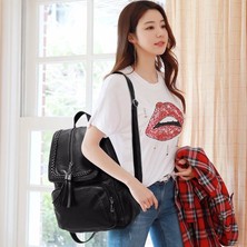 Qiuming Shop Siyah Stil Minimalizm Kadın Sırt Çantası Pu Deri Gençlik Kadın Sırt Çantası Güzel Moda Kız Rahat Sırt Çantaları Bayan Omuz Çantası (Yurt Dışından)