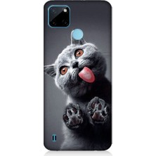 Teknomeg Realme C21Y Uyumlu Sevimli Boz Kedi Dili Desenli Silikon Kılıf