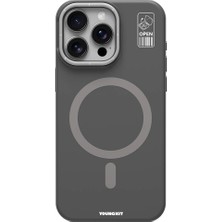 YoungKit iPhone 15 Pro Kılıf Magsafe Şarj Özellikli Kamera Standlı Silikon Youngkit Bitty Cream Kapak Gri