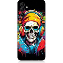 Teknomeg Samsung Galaxy A15 Uyumlu Müzik Dinleyen Kurukafa Desenli Silikon Kılıf