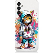 Teknomeg Samsung Galaxy M13 Uyumlu Kapşonlu Sarmal Kedi Desenli Silikon Kılıf