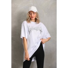 Sneppy Unisex Taş Desenli Oversize T-Shirt - Beyaz