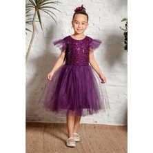 Mnk Baby & Kids Mürdüm Renkli Küpeli Pul Payet Tüllü Kız Çocuk Elbise Özel Günler İçin MNK0526