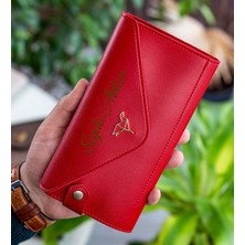 Bk Gift Kişiye Özel Isimli Telefon ve Bozuk Para Bölmeli Zarf Model Kırmızı Kadın Cüzdanı, Sevgiliye Hediye, Anneye Hediye