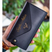 Bk Gift Kişiye Özel Isimli Telefon ve Bozuk Para Bölmeli Zarf Model Siyah Kadın Cüzdanı, Sevgiliye Hediye, Anneye Hediye