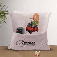Bk Gift Kişiye Özel Golf Oyuncusu Karikatür Tasarımlı Organizer Kumanda ve Atıştırmalık Cepli Pembe Kırlent Yastık-1 Arkadaşa Hediye, Cepli Yastık