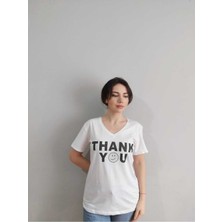 Yerli Kadın Thank You Baskılı T-Shirt Yeni Season Taşlı