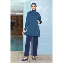 Hazelin Kadın Tesettür Petrol Mavi Cepli Uzun Kollu Tam Kapalı Taytlı Likralı Elbise Mayo HZL24S-AR1254-29