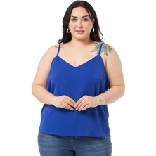 Disentis Modest Büyük Beden Ayarlanabilir Ince Askılı V Yaka Saks Mavi Bluz