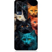 Teknomeg Vivo Y53S Uyumlu Renkli Sevimli Kedi Yüzleri Desenli Silikon Kılıf