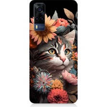 Teknomeg Vivo Y53S Uyumlu Çiçekler ve Kül Gri Kedi Desenli Silikon Kılıf