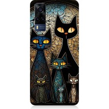Teknomeg Vivo Y53S Uyumlu Vitray Kedi Ailesi Desenli Silikon Kılıf