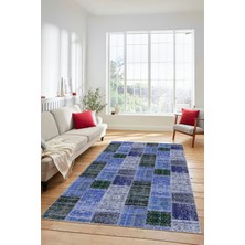 Evdeya Dijital Kaymaz Taban Yıkanabilir Patchwork Desen Yolluk Mutfak Salon Halısı, Patchwork-07-Mavi,