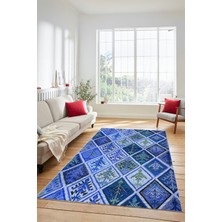 Evdeya Dijital Kaymaz Taban Yıkanabilir Patchwork Desen Yolluk Mutfak Salon Halısı, Patchwork-08-Mavi,