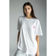 Coredra Love Letters Oversize T-Shirt Kadın - Beyaz