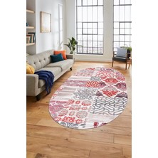 Evdeya Baskılı Kaymaz Taban Yıkanabilir Patchwork Desen Oval Yolluk Salon Halısı, O-Patchwork-02-Kırmızı,
