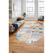 Evdeya Baskılı Kaymaz Taban Yıkanabilir Patchwork Desen Oval Yolluk Salon Halısı, O-Patchwork-02-Renkli,