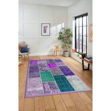 Evdeya Dijital Kaymaz Taban Yıkanabilir Patchwork Desen Yolluk Mutfak Salon Halısı, Patchwork-01-Mor,