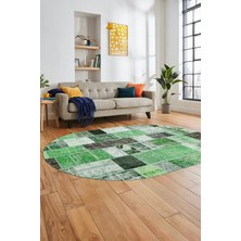 Evdeya Baskılı Kaymaz Taban Yıkanabilir Patchwork Desen Oval Yolluk Salon Halısı, O-Patchwork-03-Yeşil,